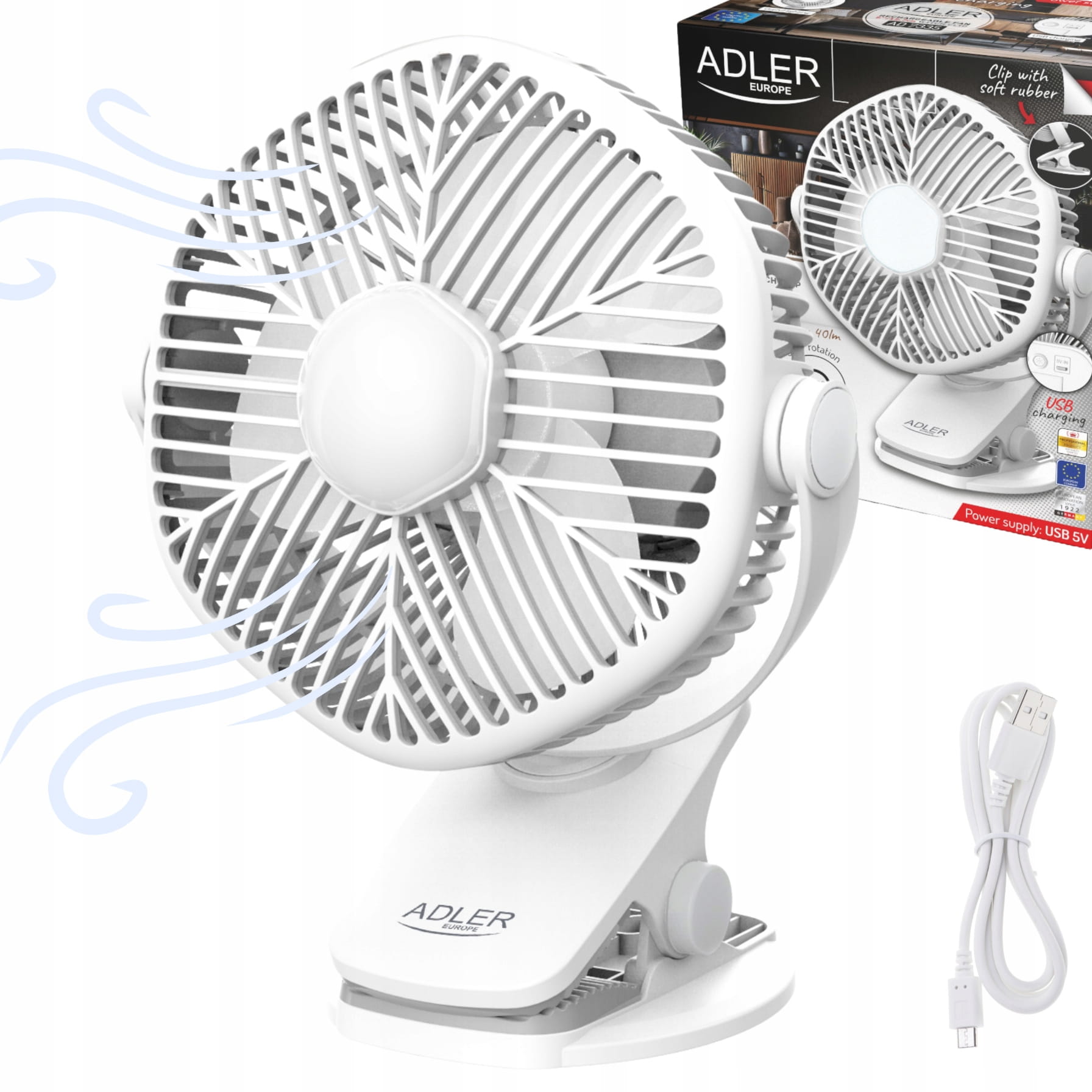 Wentylator z klipsem i latarką LED - 5" na USB Adler AD 7335