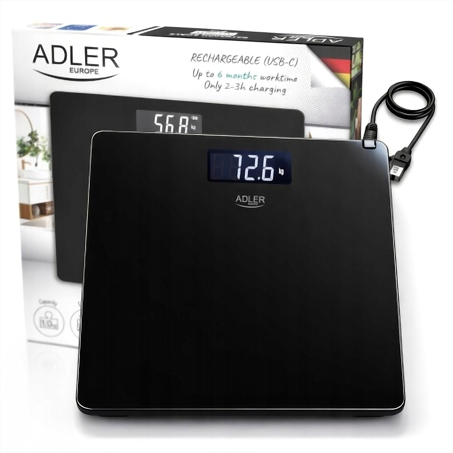Waga łazienkowa z USB-C, akumulatorowa 180 kg, dokładność 100 g AD 8194